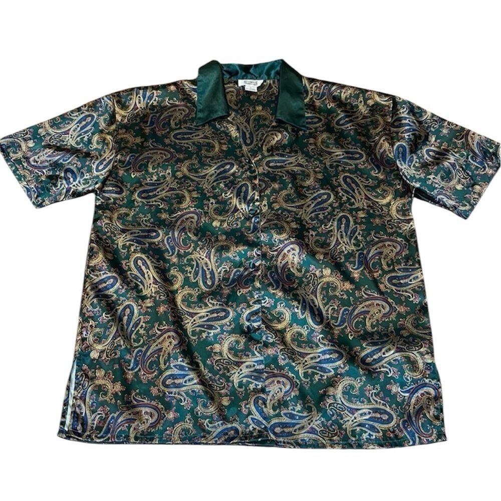 Vintage Satin Paisley Top, shirt, blouse, green gold, Large